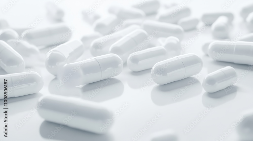 Antibacterial drug capsules spread out in a random pattern on a white surface, showing intricate details. Realistic