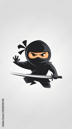 A minimalist, cartoon-style logo of a stylized ninja. The ninja is in a combat pose photo