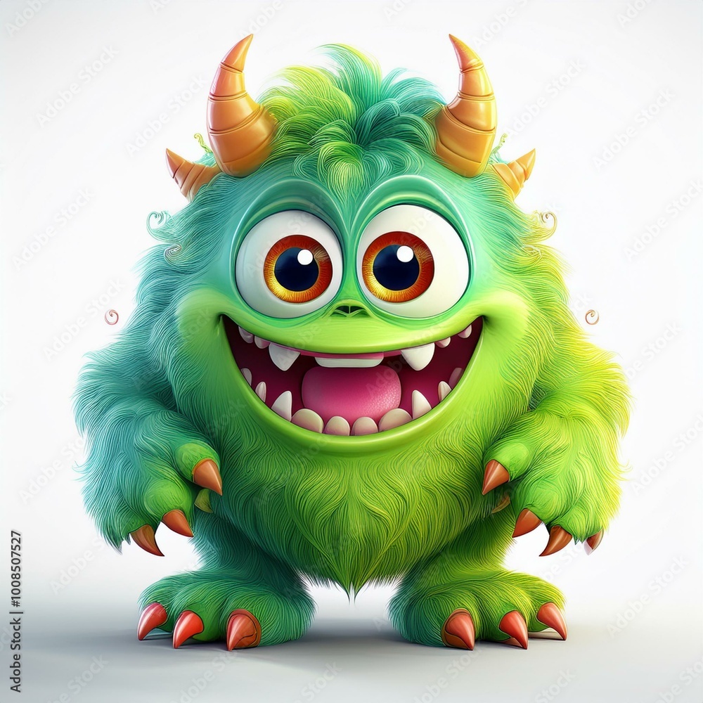 Fototapeta premium Cute blue furry monster 3D cartoon character. Halloween animal sublimation, a blue furry monster with a big smile, Lustiges Cartoon Monster.