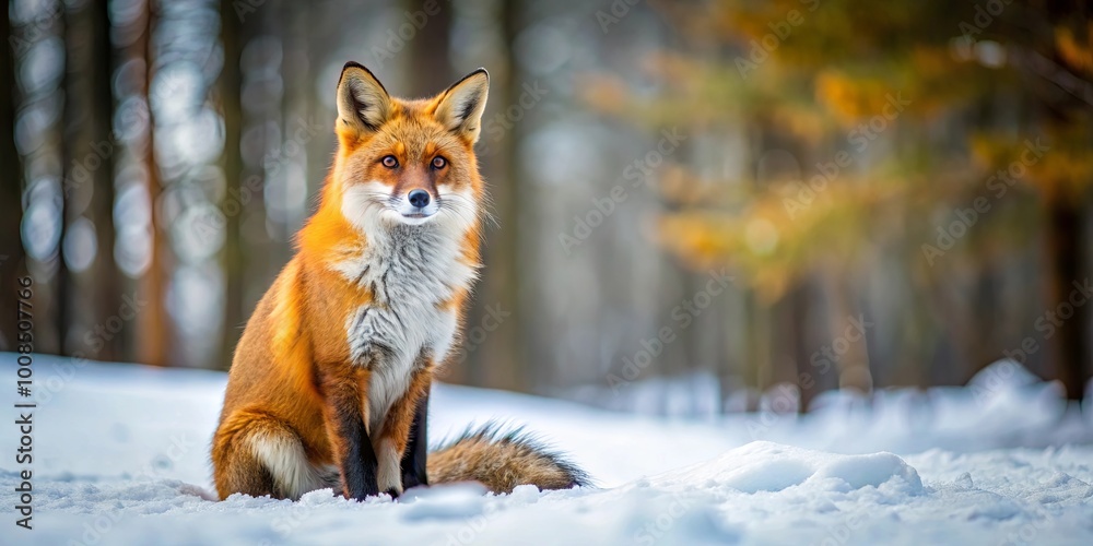 Naklejka premium A crimson fox sits majestically in the snow, its piercing gaze meeting the viewer's, a testament to the beauty of winter's embrace.