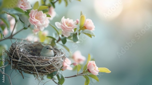 A nest of sunbirds nestled in the branches of a flowering tree.