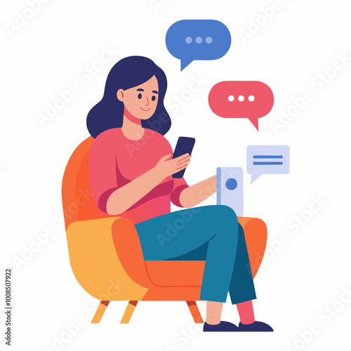 Woman with mobile phone in chair at home texting message vector illustration