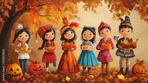 Festive depictions of Diwali, Halloween, Thanksgiving, and other holidays celebrated around the world.