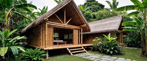  a rustic, eco-friendly bamboo house nestled in lush greenery.