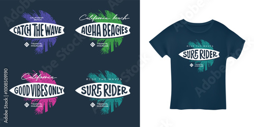 California beach surfing related trendy t-shirt apparel design set. Surf slogan collection quotes and hand made typography composition. Vector illustration.