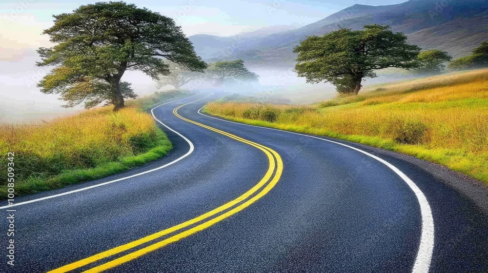 Fototapeta premium Winding country road at dawn, with fog hanging low over the fields and the silhouette of trees in the distance -
