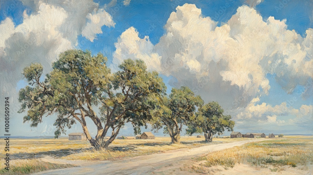 Winding country road lined with trees, leading through open farmland with fields of crops and barns in the distance Winding country road lined with trees, leading through open farmland with fields of crops and barns in the distance