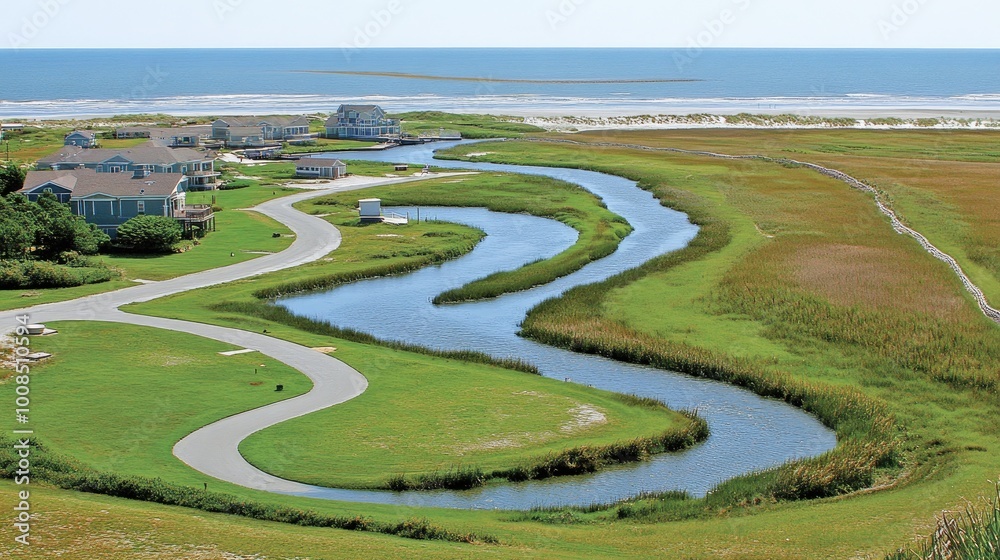Winding river delta seen from above, with multiple streams snaking ...