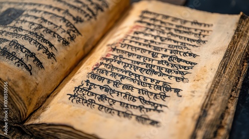 A close-up of a manuscript with handwritten Sanskrit verses dedicated to Krishna