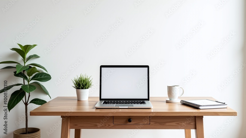 A tidy workspace showcases a laptop on a wooden desk, accompanied by a small plant, a notebook, and a cup, creating a calm and productive atmosphere.