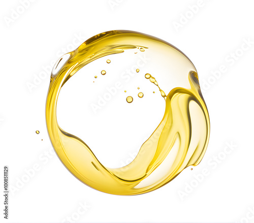 Close up of yellow fluid oil pouring in round shape floating in the air, droplet dripping liquid oil in circle shape isolated on white background