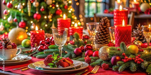 Elegant Christmas Table Setting with Festive Decor, Candles, and Holiday-Themed Tableware Decor