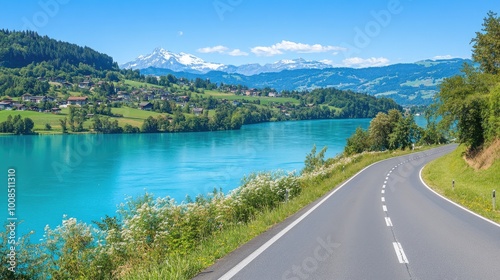 Winding rollerblading track in a city park, with smooth pavement and scenic views of lakes and trees