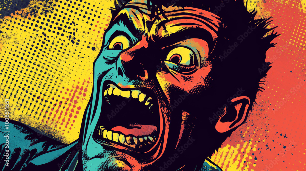 A comic book style image with bold colors and strong lines, showing a man with exaggerated emotions. The art style is reminiscent of old comic books, with a grainy, dot-patterned texture. A comic book style image with bold colors and strong lines, showing a man with exaggerated emotions. The art style is reminiscent of old comic books, with a grainy, dot-patterned texture.