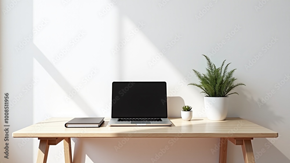A tidy workspace showcases a laptop on a wooden desk, accompanied by a small plant, a notebook, and a cup, creating a calm and productive atmosphere. A tidy workspace showcases a laptop on a wooden desk, accompanied by a small plant, a notebook, and a cup, creating a calm and productive atmosphere.