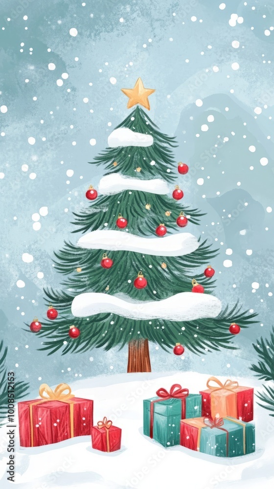 Obraz premium Christmas tree illustration with snow, ornaments, and presents, festive winter atmosphere, vertical image
