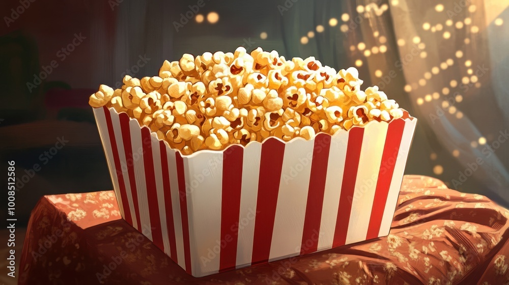 Crispy, golden popcorn in a red and white striped box, set against a soft, festive backdrop. Realistic, highly detailed Crispy, golden popcorn in a red and white striped box, set against a soft, festive backdrop. Realistic, highly detailed