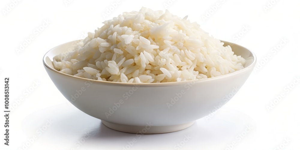 Isolated on a white background, a bowl of perfectly cooked rice captures attention, exuding warmth and texture, making Isolated on a white background, a bowl of perfectly cooked rice captures attention, exuding warmth and texture, making