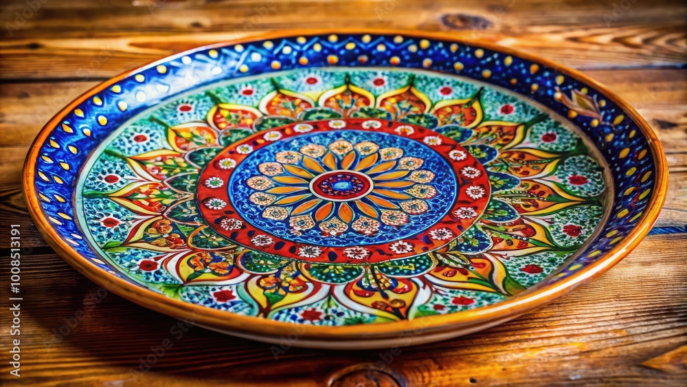 Fototapeta premium Elegant Decorative Plate Displayed on a Wooden Table with Intricate Patterns and Vibrant Colors