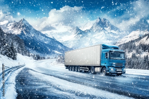 A Cargo Lorry Battling Harsh Winter Conditions on a Snow-Covered Highway with Copy Space photo