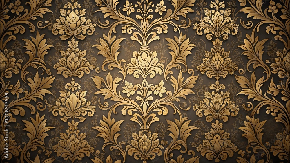 Intricate Golden Floral Pattern Embellished with Delicate Flourishes and Curls on a Deep Brown Background Intricate Golden Floral Pattern Embellished with Delicate Flourishes and Curls on a Deep Brown Background