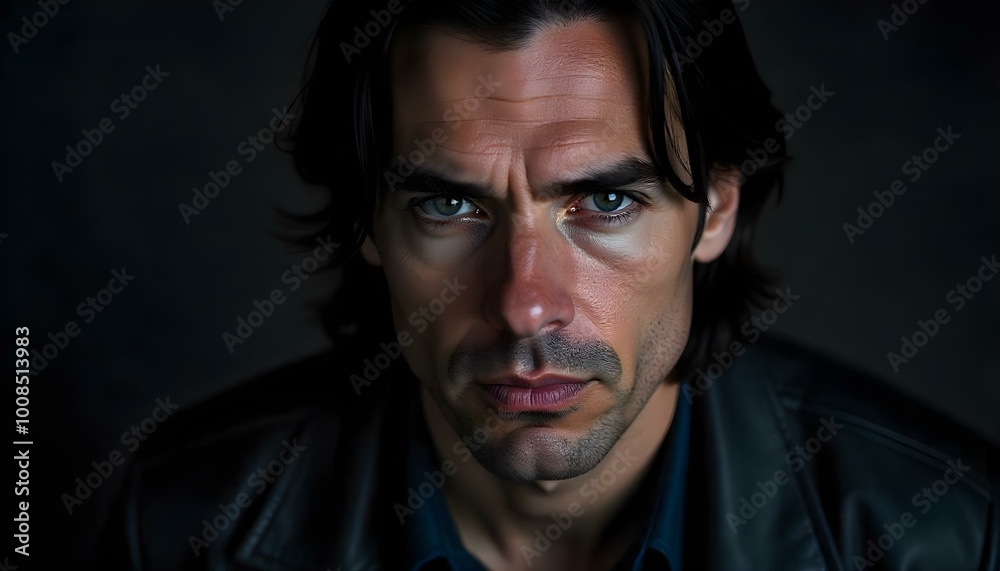 A Caucasian man with black hair, piercing blue eyes and an intense gaze A Caucasian man with black hair, piercing blue eyes and an intense gaze