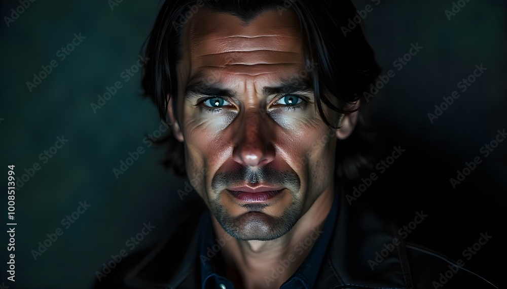 Obraz premium A Caucasian man with black hair, piercing blue eyes and an intense gaze