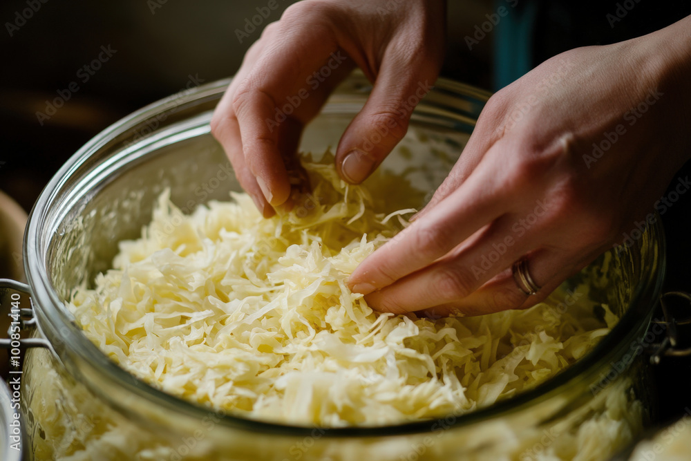 Woman is preparing sauerkraut, pressing down shredded cabbage in a jar to ferment Woman is preparing sauerkraut, pressing down shredded cabbage in a jar to ferment