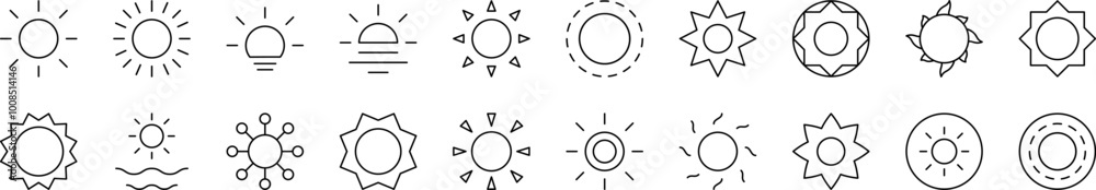 Sun as Symbol of Nature and Weather Outline Simple Linear Image Collection. Editable Stroke. Suitable for Web Sites, Books, Cards, Apps Sun as Symbol of Nature and Weather Outline Simple Linear Image Collection. Editable Stroke. Suitable for Web Sites, Books, Cards, Apps