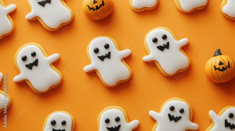 Cute ghost and pumpkin-shaped cookies arranged in a repeating pattern on a bright orange background, Halloween-themed. Realistic, highly detailed Cute ghost and pumpkin-shaped cookies arranged in a repeating pattern on a bright orange background, Halloween-themed. Realistic, highly detailed