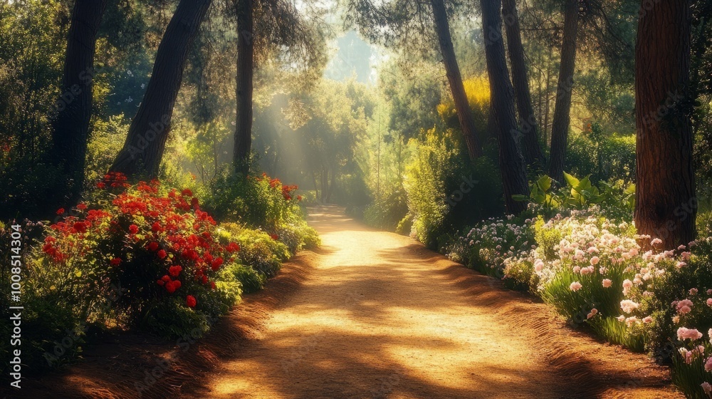 Sunbeams illuminate a path through a lush garden, with colorful flowers lining the way. Sunbeams illuminate a path through a lush garden, with colorful flowers lining the way.