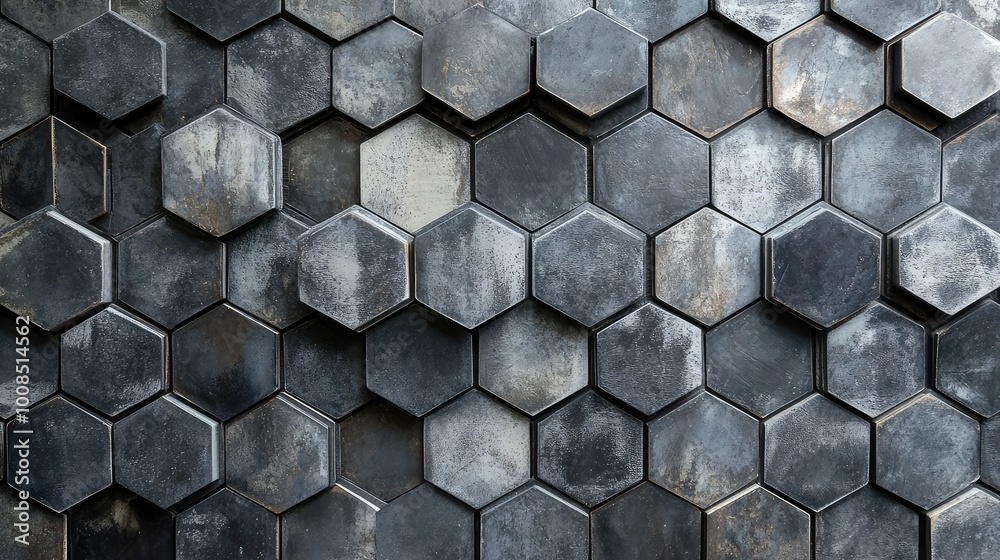 Bold, overlapping hexagons in shades of gray and black, forming a honeycomb-like pattern that adds depth and a modern edge to the tiles. Bold, overlapping hexagons in shades of gray and black, forming a honeycomb-like pattern that adds depth and a modern edge to the tiles.