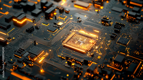Printed circuit boardAbstract technological background made of different element printed circuit board Depth of field effect and bokeh can be used as digital dynamic wallpaper