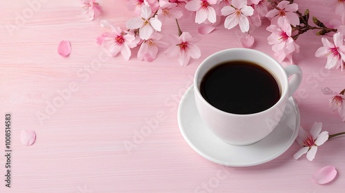 A serene image featuring a cup of coffee surrounded by delicate pink cherry blossoms on a soft pink background.