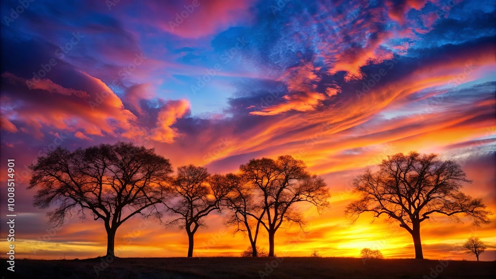 Silhouetted Trees Stand Tall Against a Vivid Sunset Sky, Their Branches Reaching Towards the Fiery Hues of the Horizon Silhouetted Trees Stand Tall Against a Vivid Sunset Sky, Their Branches Reaching Towards the Fiery Hues of the Horizon