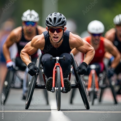 Muscular para athlete in racing wheelchair competing intensely during marathon, showcasing strength, determination, and inclusive sports in action photo