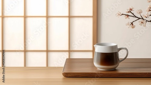 A serene setting featuring a cup of coffee on a wooden tray, accompanied by a cherry blossom branch and a backdrop of a sliding door.