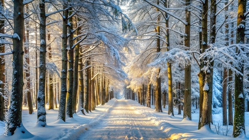 A Pathway Through a Snowy Forest, Where Golden Sunlight Filters Through Branches and Illuminates the White Landscape