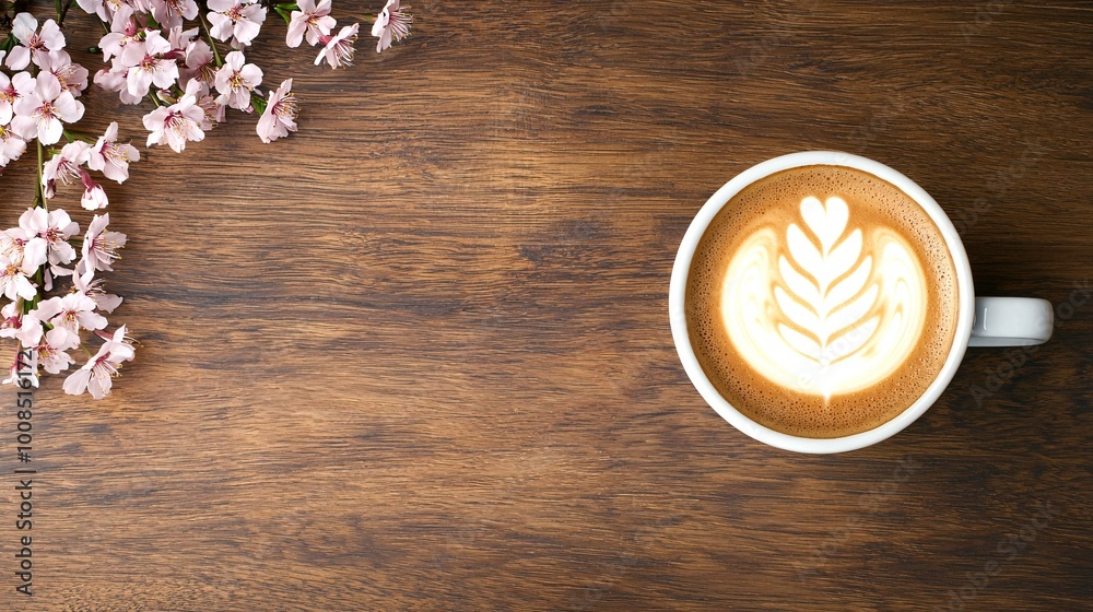 A cozy cup of coffee with latte art sits on a wooden table, accompanied by delicate pink blossoms, creating a serene and inviting atmosphere. A cozy cup of coffee with latte art sits on a wooden table, accompanied by delicate pink blossoms, creating a serene and inviting atmosphere.