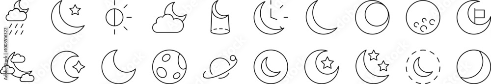 The Moon and Crescent Related Icon Set. Editable Stroke. Suitable for Web Sites, Books, Cards, Apps The Moon and Crescent Related Icon Set. Editable Stroke. Suitable for Web Sites, Books, Cards, Apps