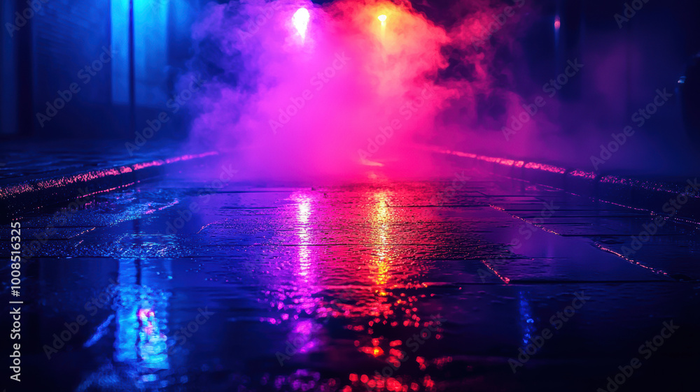 Naklejka premium Wet asphalt, reflection of neon lights, a searchlight, smoke Abstract light in a dark empty street with smoke, smog Dark background scene of empty street, night view, night city