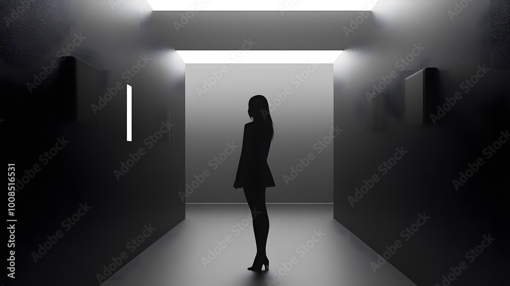 Silhouette of a woman in a dark, minimalist gallery space. Silhouette of a woman in a dark, minimalist gallery space.