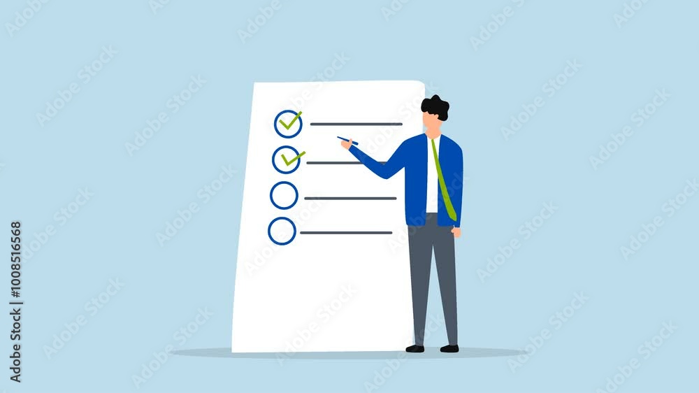 Completed checklist, 4k animation of Businessman is using a pen to review the project list and tick off the checkbox labeled as completed.