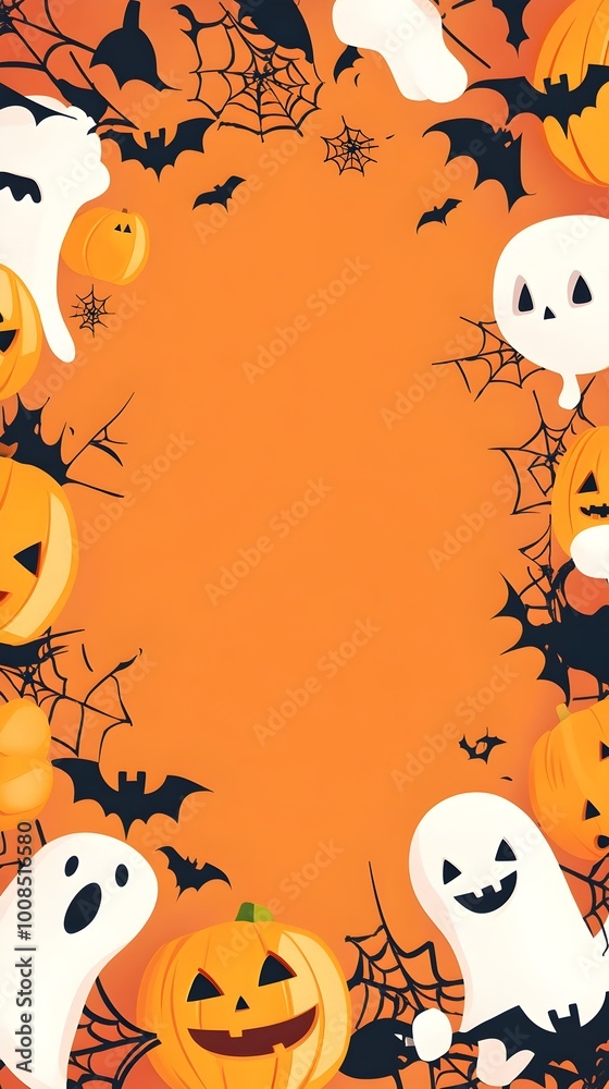 Fototapeta premium Whimsical Halloween Cartoon Background with Cute Pumpkins Ghosts and Bats