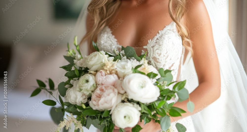 Naklejka premium wedding floral arrangement, elegant bridal bouquet with greenery, white roses, and pink peonies for a timeless and beautiful bride look