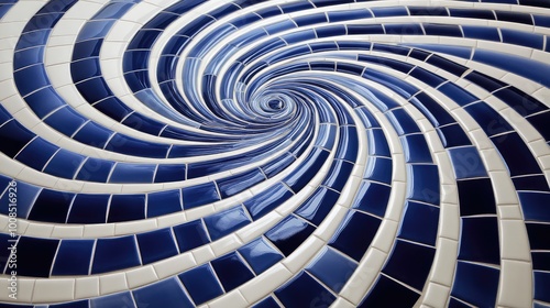 Geometric spirals flowing outward from the center in interlocking lines of blue and white, creating a continuous, mesmerizing tile pattern.