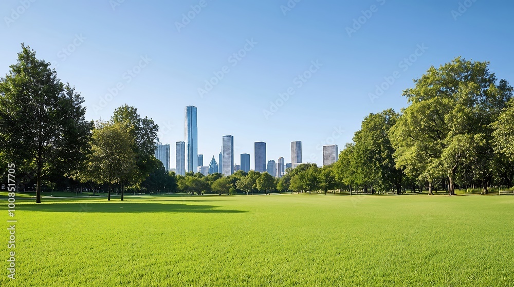 Lush green park with city skyscrapers in the background, clear skies ...
