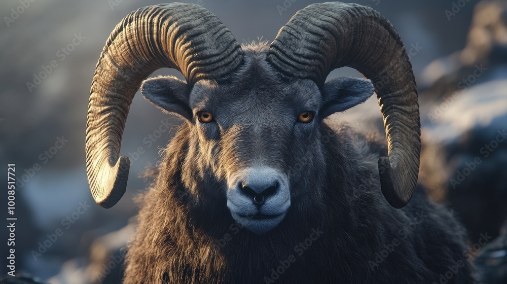The mountain ram stands confidently, showcasing its large, curling horns against a backdrop of rugged terrain. This impressive animal embodies strength and resilience in its alpine habitat The mountain ram stands confidently, showcasing its large, curling horns against a backdrop of rugged terrain. This impressive animal embodies strength and resilience in its alpine habitat