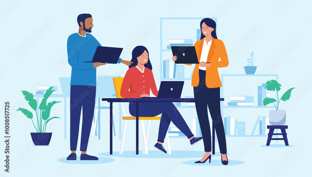 Office people working on computers - Group of three businesspeople characters using laptops talking, smiling and doing teamwork together at work indoors. Flat design vector illustration Office people working on computers - Group of three businesspeople characters using laptops talking, smiling and doing teamwork together at work indoors. Flat design vector illustration