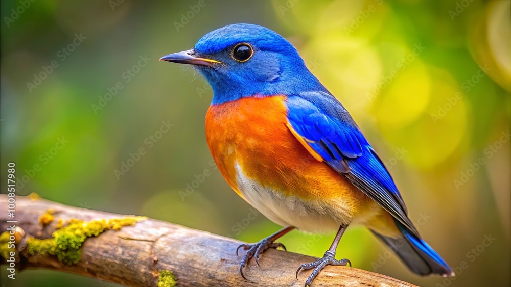 Obraz premium A Vivid Blue Bird with Orange and White Plumage Perched on a Branch with a Soft Bokeh Background